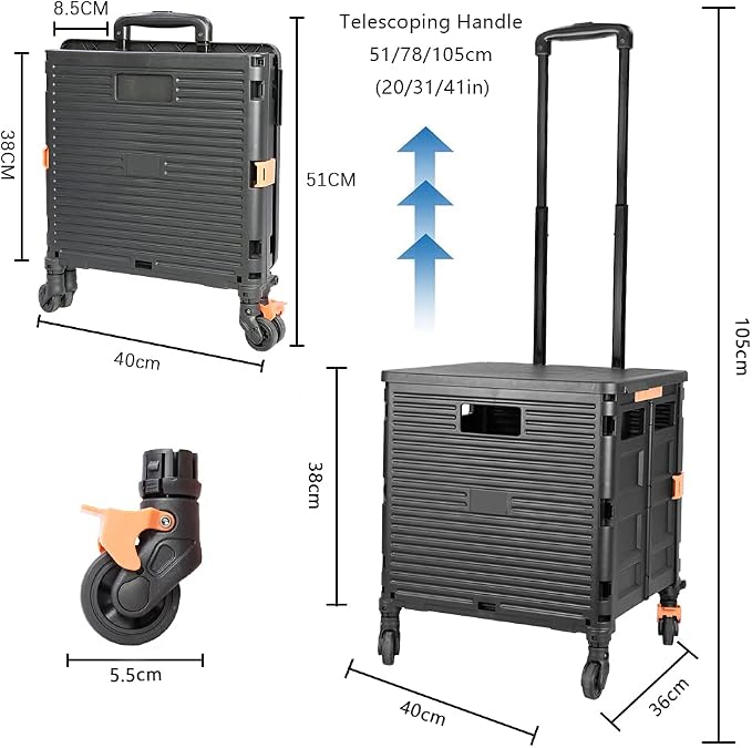 FELICON SELORSS Foldable Utility Cart Folding Portable Rolling Crate-Black | - Image 7