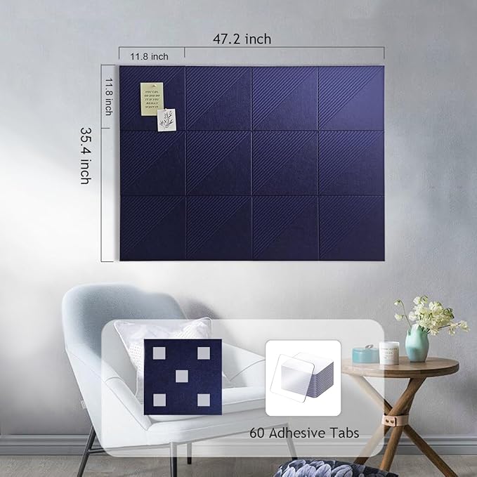 Large Cork Board for Walls 48"x 36", 12 Pack Felt Wall Tiles with Safe Removable Adhesive Tabs, Cork Board for Office,Pinboard Bulletin Board - Dark Blue-DeskLoop Office