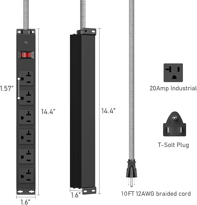 Heavy Duty Power Strip 20 amp Surge Protector,Wall mountable Power Strip,12 Gauge Extension Cord 5-15P Adapter High Amp 6-20R T-Slot Industrial Outlet,for Garage,Workshop & Industrial-DeskLoop Office