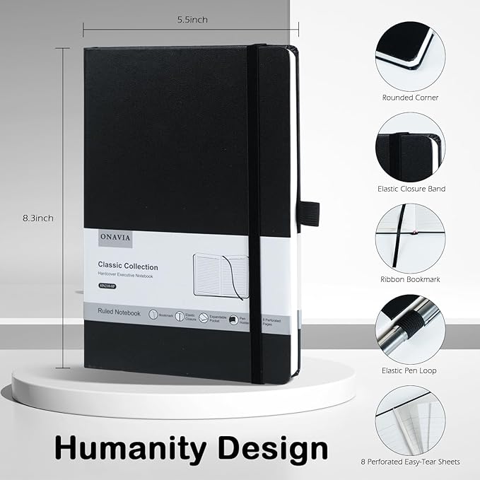 8 Pack Black Lined Journal Notebooks for Work, Travel, College, (A5 Size 100 GSM Thick Paper) - Classic Ruled, Hardcover Notepad for Writing 160 Pages, 5.5 x 8.3 inch, Multipack Journals-DeskLoop Office