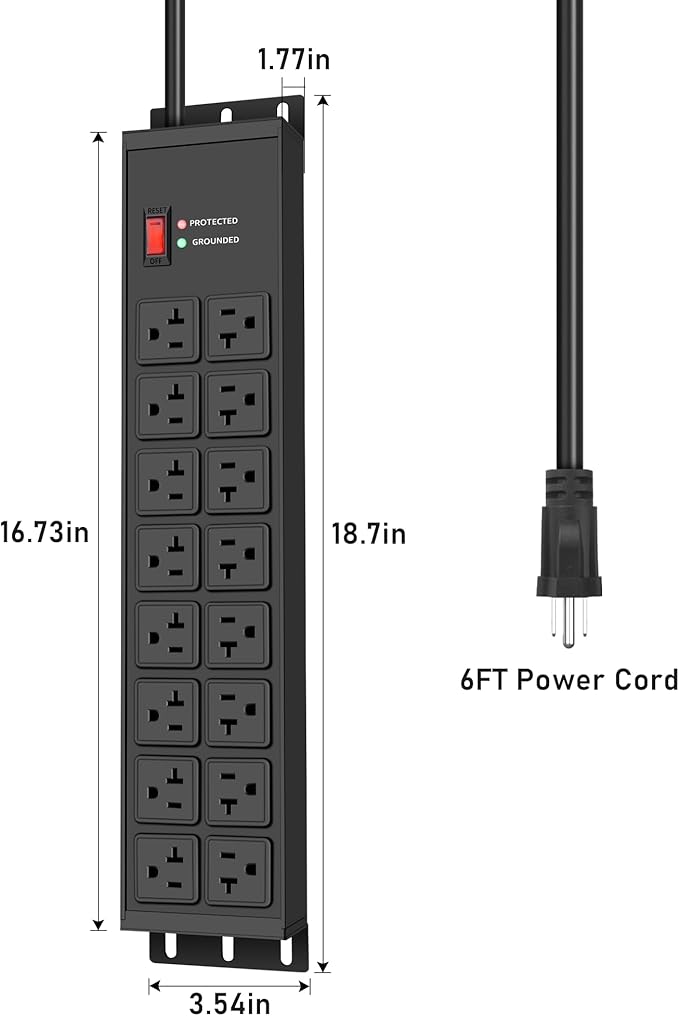 JUNNUJ Heavy Duty 20 Amp Power Strip 4800J, 16 Outlets 12 Gauge Garage Industrial Surge Protector, High Amp 5-15P Adapter Shop 6-20R T-Slot Metal Outlet, 6 FT Extension Cord Commercial for Appliance-DeskLoop Office