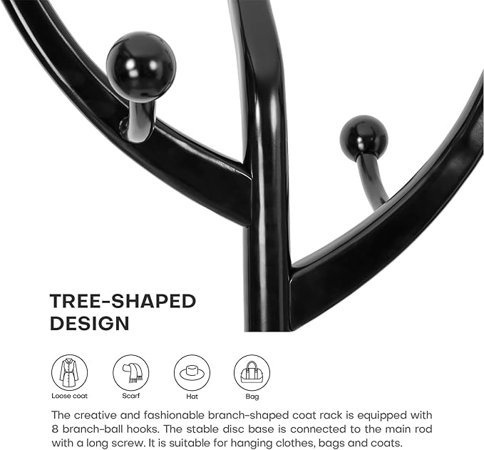 Wood Coat Rack Coat Tree Freestanding with Hooks, Heavy Duty Standing Coat Rack with Solid Round Base, 74” Tree Shaped Coat Hanger Stand for Clothes, Hat, Jacket, Entryway Bedroom, Balck-DeskLoop Office