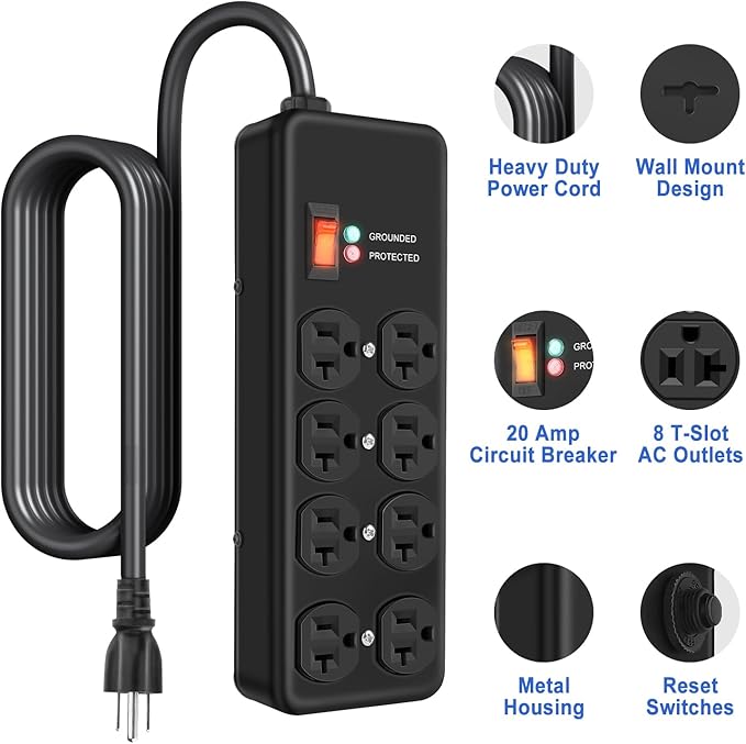 20Amp Power Strip Surge Protector, Durable Metal 8-Outlet with Heavy Duty 20 Amp 10Ft 12 Gauge Extension Cord, for Garage, Workshop & Industrial Use with 6-20R T-Slot Outlets, 4800J-DeskLoop Office