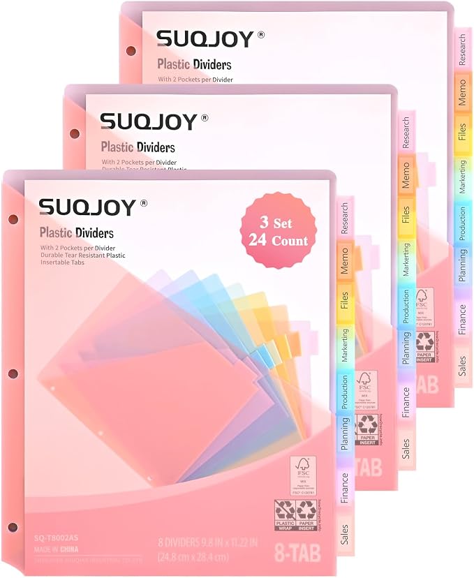 SUQJOY Binder Dividers with Pockets, Durable Plastic Subject Dividers with by SUQJOYOFFICE