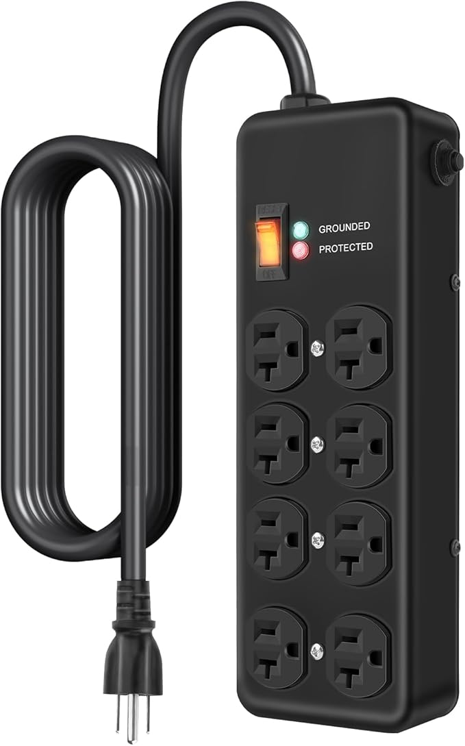 20Amp Power Strip Surge Protector, Durable Metal 8-Outlet with Heavy Duty 20 Amp 6Ft 12 Gauge Extension Cord, for Garage, Workshop & Industrial Use with 6-20R T-Slot Outlets, 4800J-DeskLoop Office