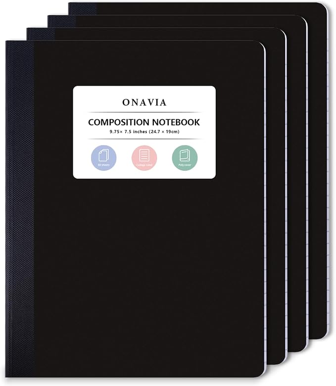 ONAVIA Plastic Composition Notebook College Ruled 4 Pack, 160 Pages, 9.75 x 7.5 by ONAVIA