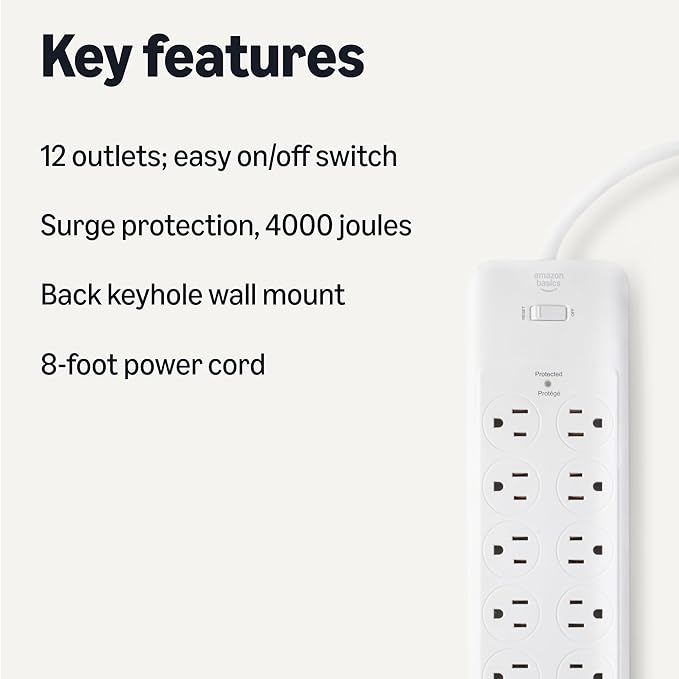 Amazon Basics Surge Protector Power Strip, 12-Outlet, 4000 Joules, 8ft Extension Cord, Rectangle, for Home, Office, Gaming Room, White-DeskLoop Office