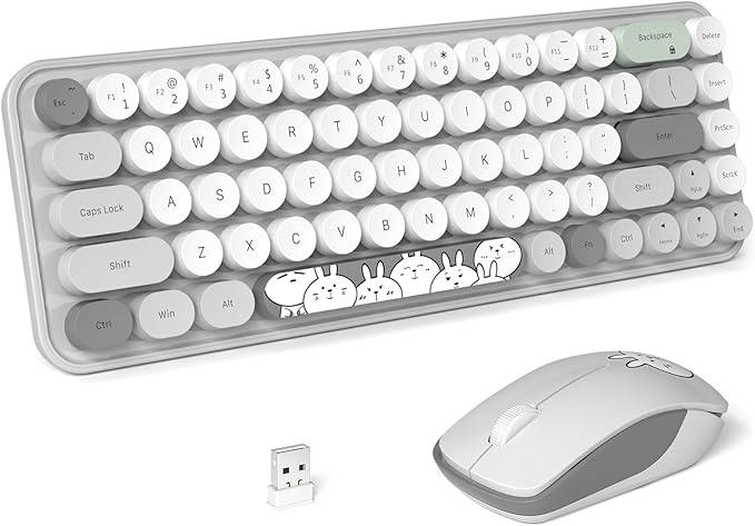 FOPETT Wireless Keyboard and Mouse Cute Mouse and Keyboard 2.4G Wireless Keyboards with Colorful 68 Keys Typewriter Retro Round Keycap for PC, Laptop,Tablet,Computer Windows - Grey Colorful-DeskLoop Office