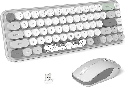 FOPETT Wireless Keyboard and Mouse Cute Mouse and Keyboard 2.4G Wireless Keyboards with Colorful 68 Keys Typewriter Retro Round Keycap for PC, Laptop,Tablet,Computer Windows - Grey Colorful-DeskLoop Office