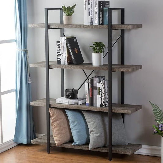 HSH 4-Shelf Vintage Industrial Bookshelf, Rustic Gray Wood and Metal 4 Tier Bookcase, Open Wide Etagere Book Shelf for Home Office Livingroom Bedroom Dispaly, Light Grey Oak-DeskLoop Office