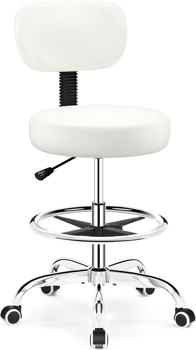 Drafting Chair with Backrest – Adjustable Foot Rest Rolling Stool with Wheels, PU Leather Swivel Stool for Office Spa Studio Lab Counter Salon Home Work Bar Kitchen Shop(White)-DeskLoop Office
