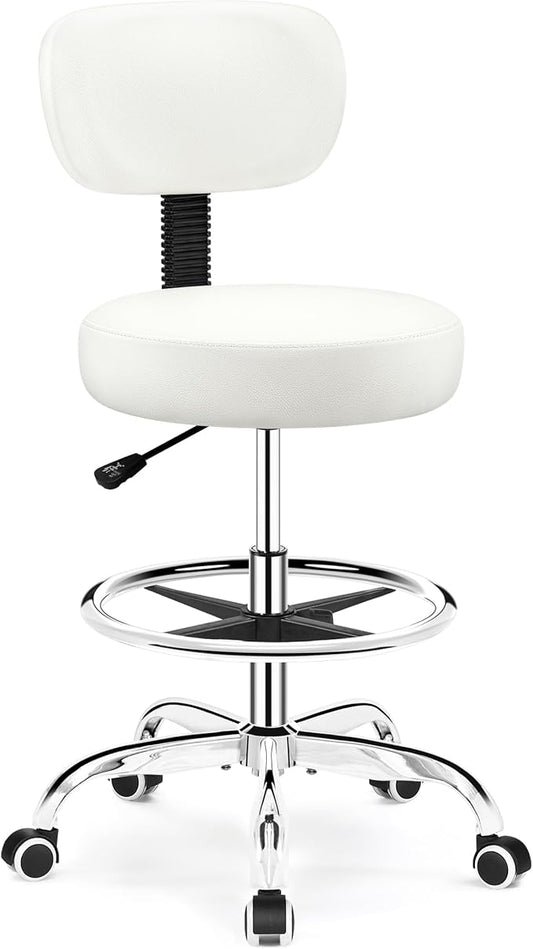 Drafting Chair with Backrest – Adjustable Foot Rest Rolling Stool with Wheels, PU Leather Swivel Stool for Office Spa Studio Lab Counter Salon Home Work Bar Kitchen Shop(White)-DeskLoop Office