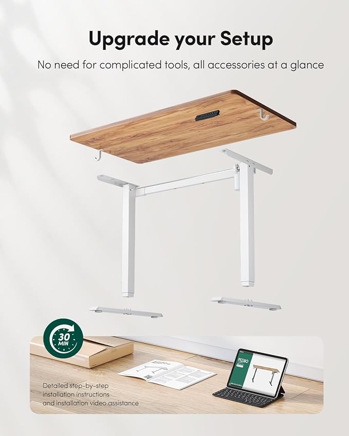 FEZIBO One-Piece Standing Desk Adjustable Height Stand up Home Office Desk, 32x24 Inch Electric Standing Computer Desk, with 4 Memory Presets, Fixable casters, Light Rustic-DeskLoop Office