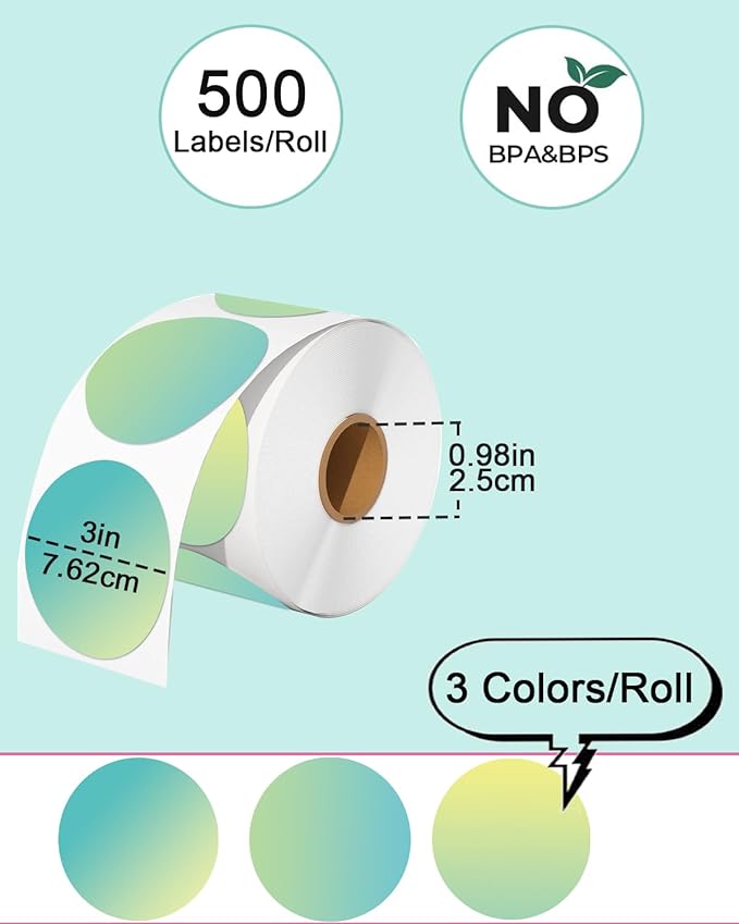 3 inch Round Thermal Labels, Thermal Printer Labels use for Barcode, Shipping, Customized, Circle Direct Thermal Stickers 500 Labels for Printer, Gradient Green-DeskLoop Office