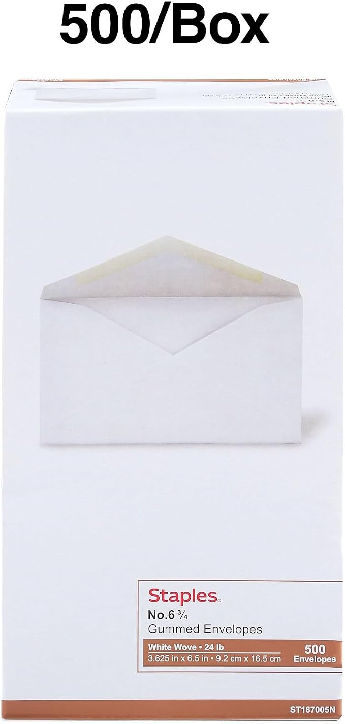 Staples #6 White Gummed Business Envelopes, 3 5/8" x 6 1/2", Standard Office - Image 4