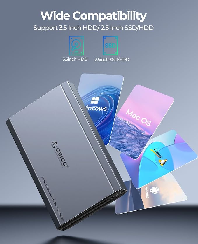 ORICO Aluminum 3.5 Hard Drive Enclosure with USB 3.2 Gen 2 6Gbps Transfer Speed, Fit for 3.5/2.5 Inch SATA HDD SSD Up to 20TB, USB C to USB C/A 2 in 1 Cable Compatible with MacBook Windows(DD35-C3)-DeskLoop Office