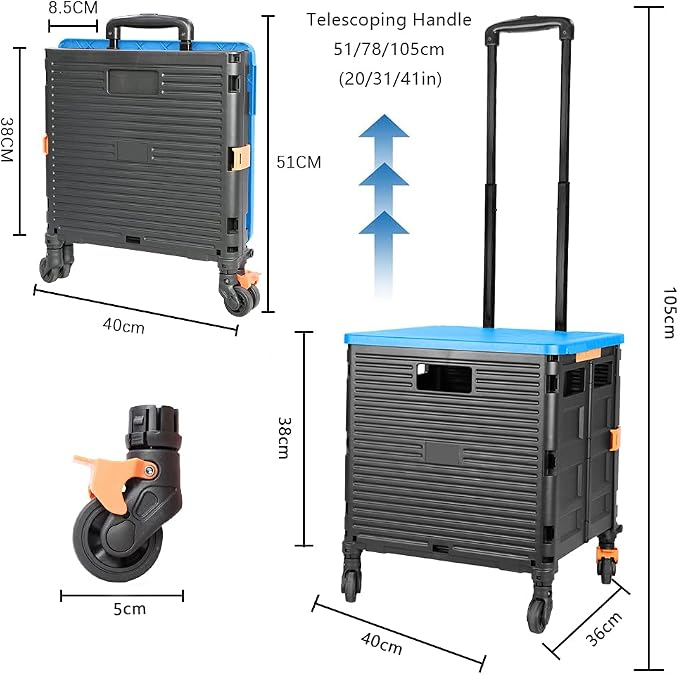 FELICON SELORSS Foldable Utility Cart Folding Portable Rolling Crate-Blue | - Image 7