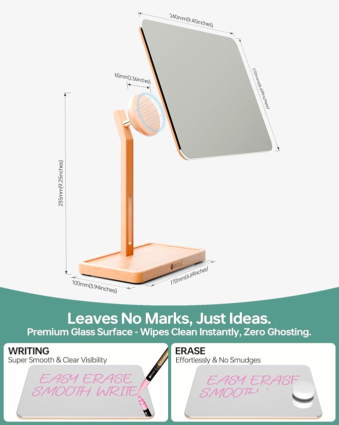 YEOUX Premium Desktop Glass Mirror, Dry Erase Board & Magnetic Phone Stand - Image 7