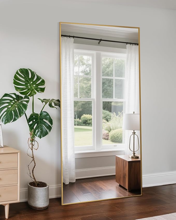Full Length Mirror, 71"x28" Oversized Floor Mirror Freestanding, Full Body Mirror Floor Standing Mirrors with Stand, Hanging Mounted Mirrors for Bedroom Living Room, Gold, Rect Style-DeskLoop Office
