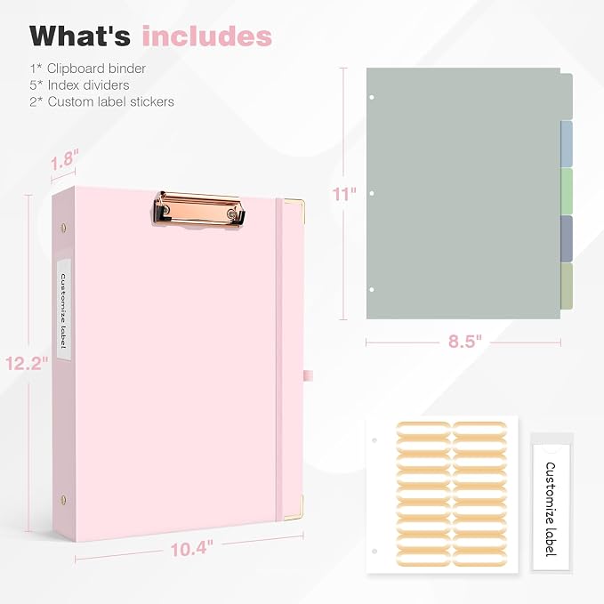 Ospelelf Binder 3 Ring 1 Inch, Solid Pink Round Ring Clipboard Binder - Image 3