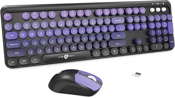 FOPETT Wireless Keyboard and Mouse Combo - 2.4G Full-Sized Cute Colorful Mouse and Keyboard with 104 Round Keys Retro Typewriter Keyboard for Laptop/Windows/PC - Purple Gradient-DeskLoop Office