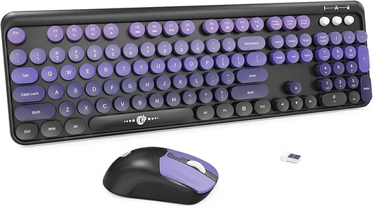FOPETT Wireless Keyboard and Mouse Combo - 2.4G Full-Sized Cute Colorful Mouse and Keyboard with 104 Round Keys Retro Typewriter Keyboard for Laptop/Windows/PC - Purple Gradient-DeskLoop Office