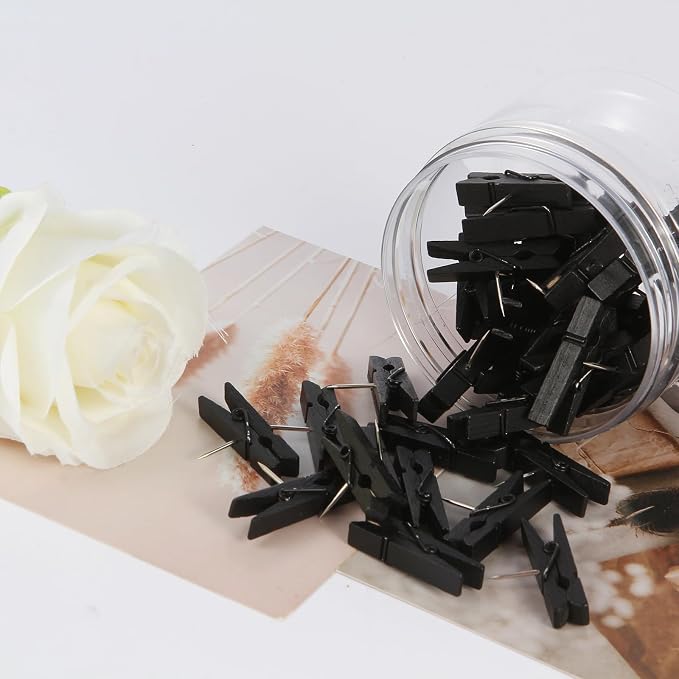 Black Push Pins with Spring-Loaded Wooden Clips, - Image 4