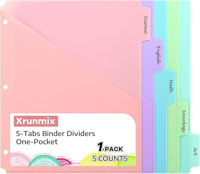 【5 Tabs Dividers with Pockets for 3 Ring Binder, Tabbed Dividers for School by XrunmixOffice