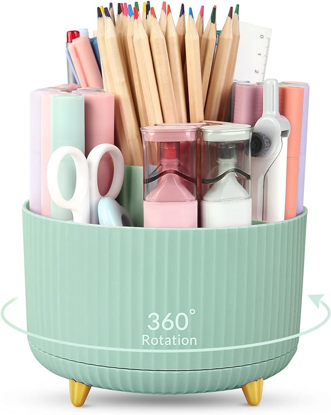 SKYDUE 360 Degree Rotating Desk Organizer, Dual-Purpose Pencil Pen Holder for Desktop, Rotating Desk Pen Organizer with 5 Slots, Pencil Cup for School, Home, Office Supplies (Bean Green)-DeskLoop Office