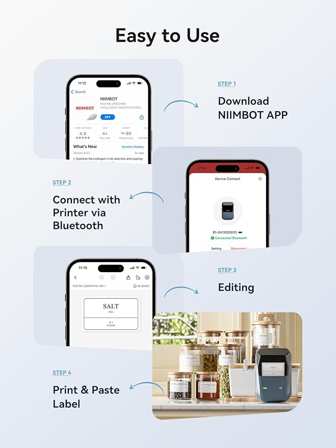 NIIMBOT B1 Label Maker, Bluetooth Portable Thermal Printer Machine with Large Waterproof Tape and Multiple Templates for Small Business,Office,Home,School, 2 Inch (Blue, 1 Printer+3 Roll Label)-DeskLoop Office