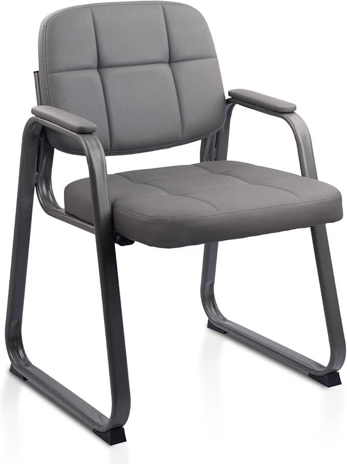 CLATINA Waiting Room Guest Chair with Bonded Leather Padded Arm Rest for Office Reception and Conference Desk Black with Sled Base Grey 1Pack-DeskLoop Office