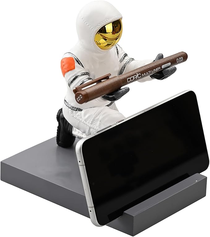 Astronaut Resin Pen Holder, Mobile Phone Stand, Device Stand, Desk Organizer Decorative Pen Holder (White&Golden)-DeskLoop Office