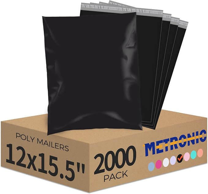 Metronic Poly Mailers 12x15.5 2000 Pack Black, Medium Size Shipping Bags Bulk by METRONIC