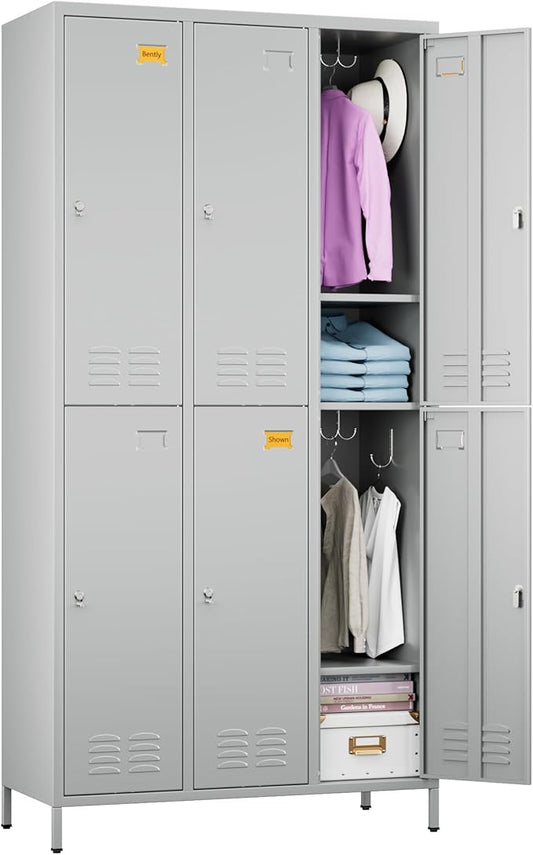 6 Doors Metal Locker with Business Card Holder,Metal Locker for Employees with 18 Hooks for School Garage Office Gym Home,Assembly Required,Light Grey-DeskLoop Office