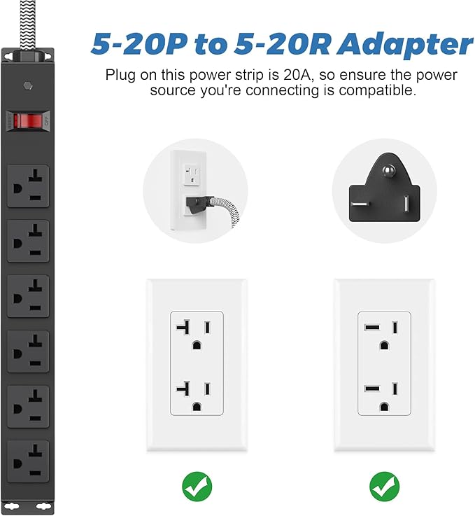 HEZI 20 Amp Power Strip with 5-20P/T- Plug, Heavy Duty High Amp Metal Surge Protector, Mountable Industrial Power Strip with 6AC Outlets(5-20R) and Circuit Breaker, 6FT 12AWG Extension Cord-DeskLoop Office
