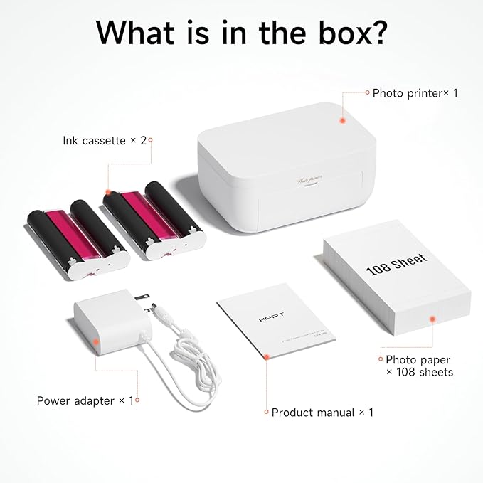 HPRT Photo Printer 4x6 with 108 Sheet Photo Paper& 2 Ribbon, Instant Picture Printer for iPhone, Smartphone, Thermal Dye Sublimation, WI-Fi Connnecting, Home Use, White-DeskLoop Office