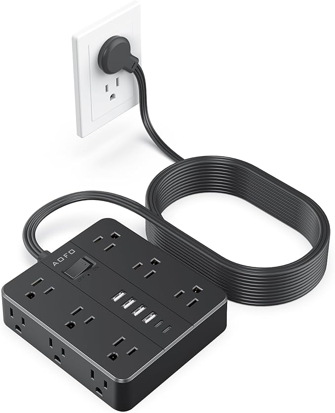 25FT Surge Protector Power Strip,12 AC Outlets with 6 USB Ports (2 USB-C), Flat Plug Extension Cord with Multiple Outlets, Wall Mount for Home Office,Dorm, Black-DeskLoop Office