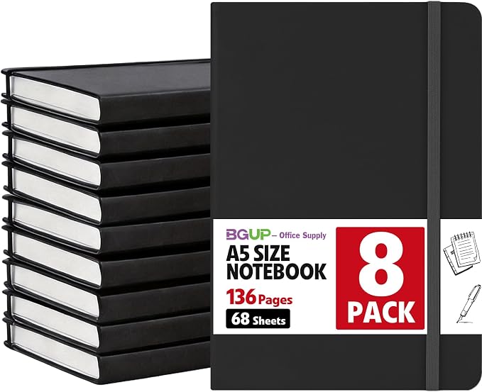 8 Pack Lined Journal Notebook for Work, A5 Hardcover, for Writing, Note Taking by BGUP