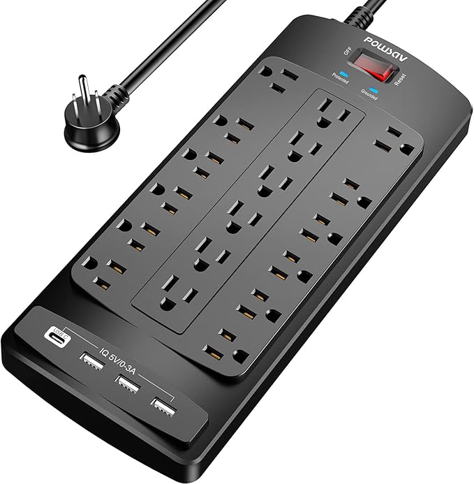 18 Outlets Surge Protector Power Strip - 6 Feet Flat Plug Heavy Duty Extension Cord with 18 Widely Outlets and 4 USB Ports, 2100 Joules, Black, ETL Listed-DeskLoop Office