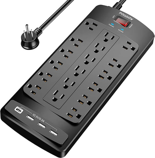 18 Outlets Surge Protector Power Strip - 6 Feet Flat Plug Heavy Duty Extension Cord with 18 Widely Outlets and 4 USB Ports, 2100 Joules, Black, ETL Listed-DeskLoop Office