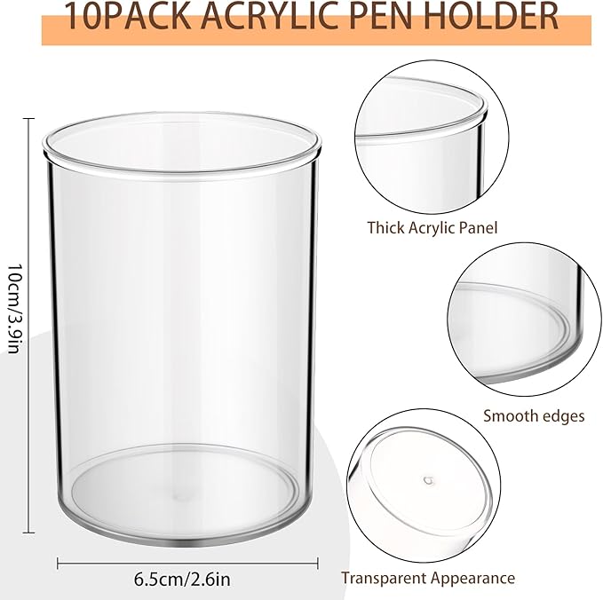 Crtiin 10 Pack Clear Acrylic Pen Holder Makeup Brush Round Pencil Holder for Desk Pen Cups Desk Organizers and Storage Desktop Stationery Organizer for Office School Home Supplies-DeskLoop Office