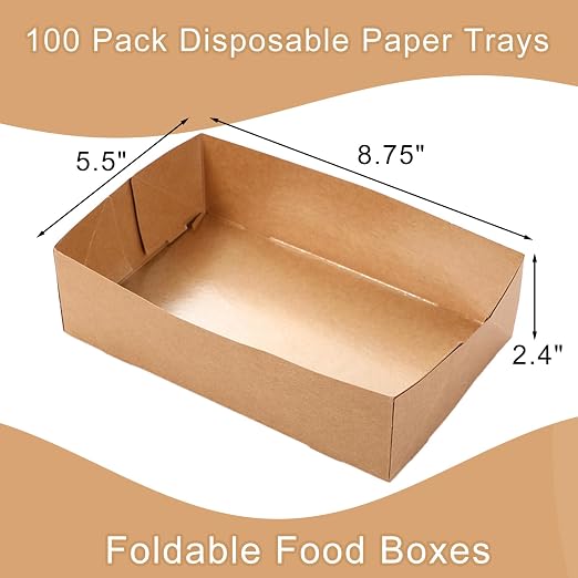 Nexboraque 100 Pack Disposable Paper Trays, Rectangular Kraft Food Containers - Image 2