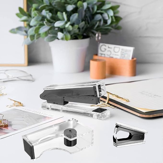 Acrylic Black Tape Dispenser and Desktop Stapler, Includes Staple Remover - Image 2