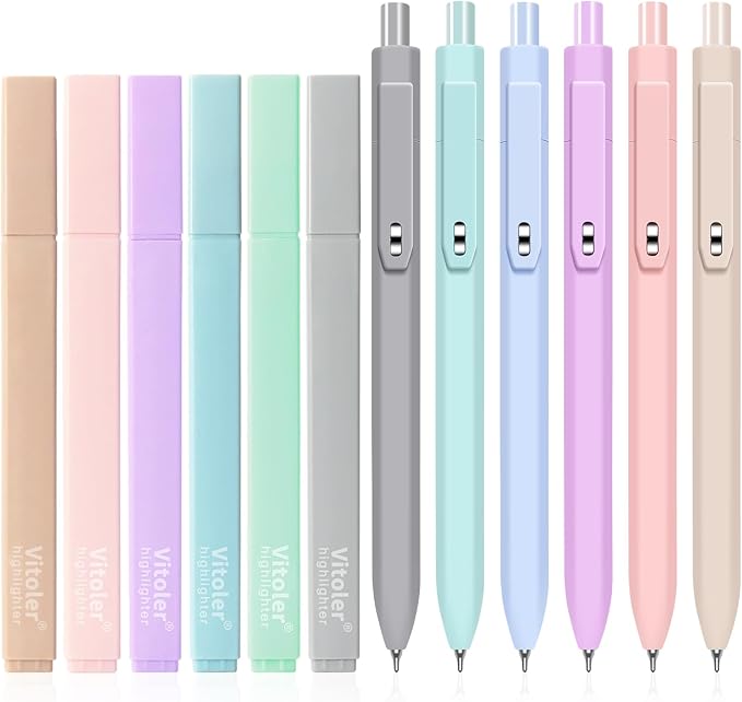 Vitoler Aesthetic Highlighters & Black Gel Pens 12 Pack, No Bleed | Fast Drying by VITOLER