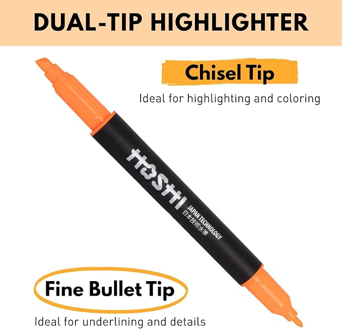 Hoshi 5PCs Premium Fluorescent Dual Tip Highlighters, High Ink Capacity - Image 2