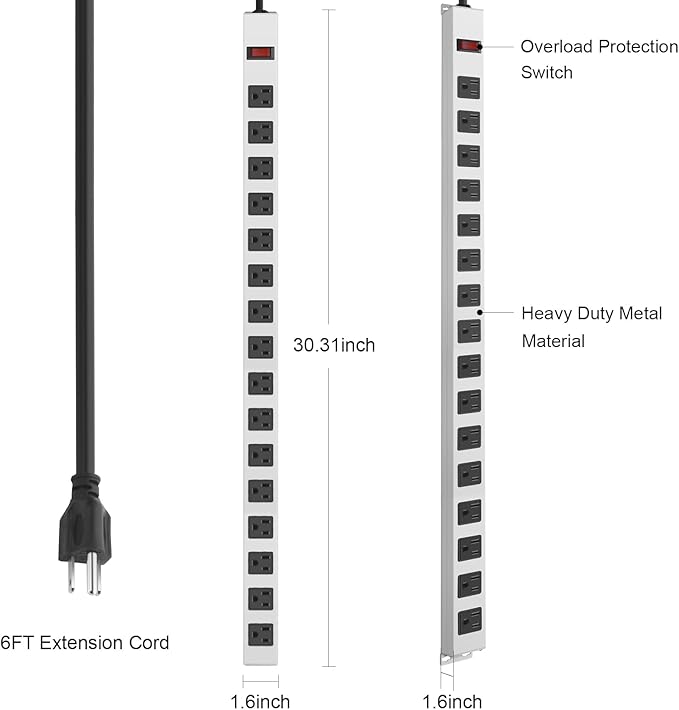JUNNUJ Metal 16 Outlet Power Strip, Mountable Heavy Duty Power Strip, 1200J Surge Protector Wall Mount Screws Outlet with Switch, Gaming Desk Strips Wide Spaced 15A 125V 1875W, 6 FT 14AWG Power Cord-DeskLoop Office