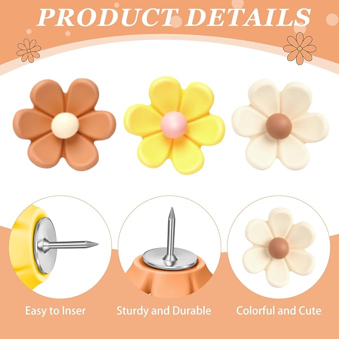 Sawysine 60 Pcs Cute Push Pins Decorative Push Pins Thumb Tacks Colorful Flower - Image 3