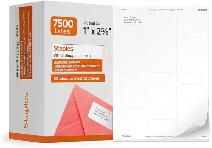 Staples 1" x 2-5/8" Address Labels, 500 Labels by Staples
