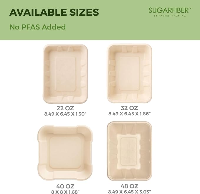 Harvest Pack 22 oz Compostable Food Trays, 8.49" x 6.45" x 1.3" Disposable PFAS - Image 7