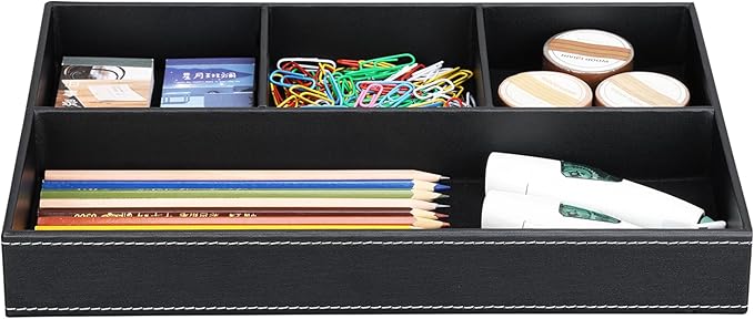 KINGFOM Pu Leather Desk Organizer Tray, 4 Compartment Office Storage Supplies Stationery Drawer Tray, Nightstand Bedside Tray for Key, Wallet, Sunglass, Watch, Coin, Phone Valet Tray Stackable Black-DeskLoop Office